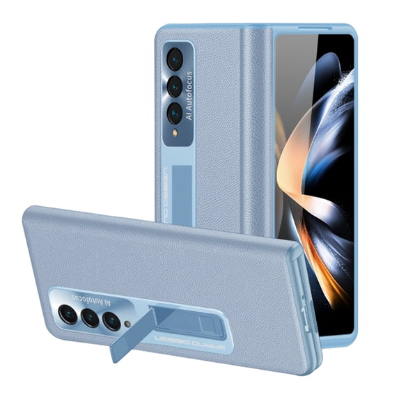 Nalacover for Samsung Galaxy Z Fold4 Case with Tempered Glass Screen Film Hidden Bracket, Shockproof Luxury PU Leather Magnetic Hinge Protection Anti-Scratches Cover for Galaxy Z Fold4,Blue