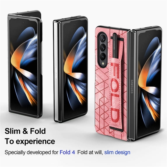 Nalacover for Samsung Galaxy Z Fold4 Slim PU Leather Case with S Pen Holder Wristband Strap, Rugged PC Shockproof Anti-Scratches Protective Phone Cover for Samsung Galaxy Z Fold4,Pink