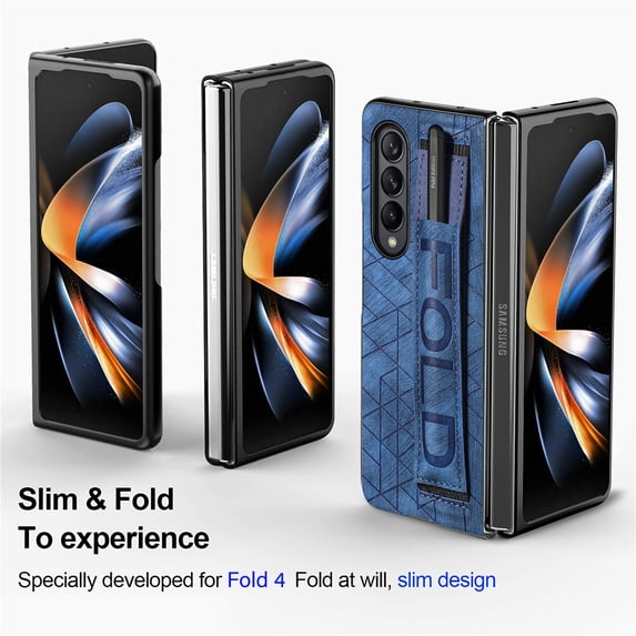 Nalacover for Samsung Galaxy Z Fold4 Slim PU Leather Case with S Pen Holder Wristband Strap, Rugged PC Shockproof Anti-Scratches Protective Phone Cover for Samsung Galaxy Z Fold4,Blue