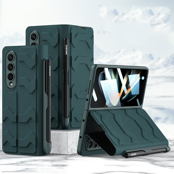 Nalacover for Samsung Galaxy Z Fold5 Kickstand Flip Case with Pen Slot Holder Tempered Glass Flim Protection Cover, Premium PU Leather Card Slots Rugged PC Shockproof Folding Case, Green