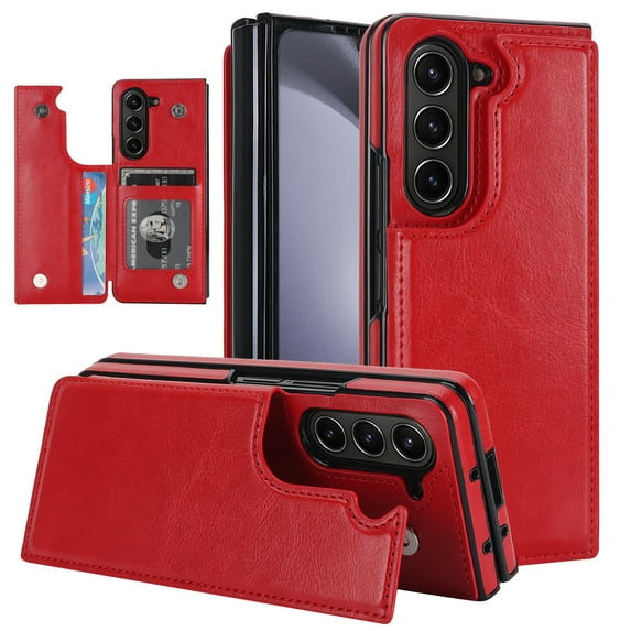 Nalacover for Samsung Galaxy Z Fold5 Kickstand Wallet Case with Card Slots, Luxury PU Leather Shockproof Magnetic Secure Button Folding Phone Case for Samsung Galaxy Z Fold5,Red