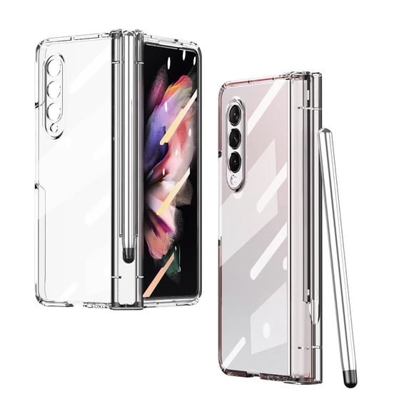 Nalacover for Samsung Galaxy Z Fold5 Transparent Plating Case with S Pen Holder Hinge Protection, Rugged PC Shockproof Tempered Glass Screen Film Folding Cover for Galaxy Z Fold5, Clear