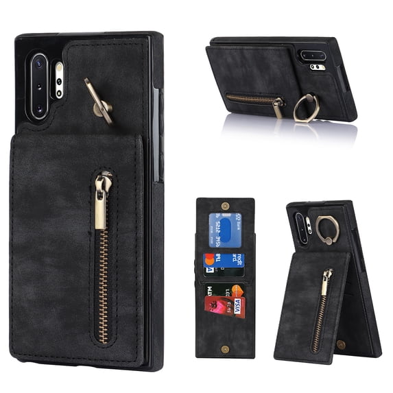 Nalacover for Samsung Note 10 Plus, Wallet RFID Credit Card Holder and Zipper Pocket,Drop Protection Flip Cover Ring Holder Kickstand Double Magnetic Clasp for Samsung Galaxy Note 10 Plus, Black