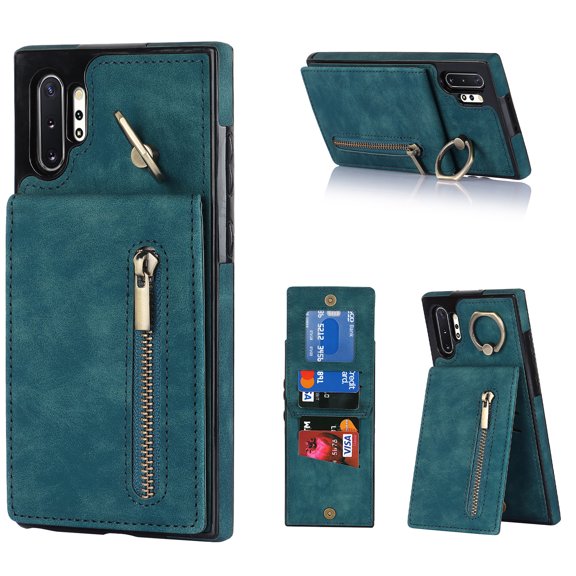 Nalacover for Samsung Note 10 Plus, Wallet RFID Credit Card Holder and Zipper Pocket,Drop Protection Flip Cover Ring Holder Kickstand Double Magnetic Clasp for Samsung Galaxy Note 10 Plus, Blue