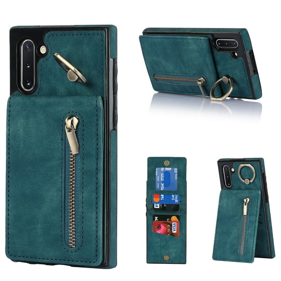 Nalacover for Samsung Note 10, Wallet RFID Credit Card Holder and Zipper Pocket,Drop Protection Flip Cover Ring Holder Kickstand Double Magnetic Clasp for Samsung Galaxy Note 10, Blue