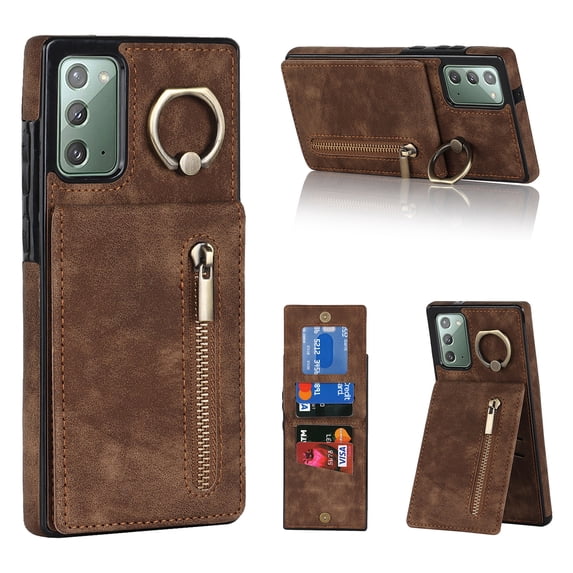 Nalacover for Samsung Note 20, Wallet RFID Credit Card Holder and Zipper Pocket,Drop Protection Flip Cover Ring Holder Kickstand Double Magnetic Clasp for Samsung Galaxy Note 20, Brown
