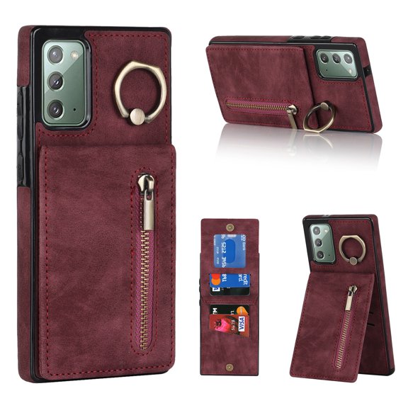 Nalacover for Samsung Note 20, Wallet RFID Credit Card Holder and Zipper Pocket,Drop Protection Flip Cover Ring Holder Kickstand Double Magnetic Clasp for Samsung Galaxy Note 20, Winered