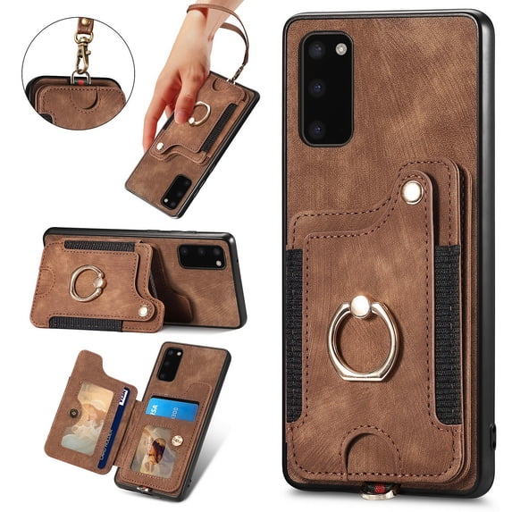 Nalacover For Samsung S20 Case Ring Holder Kickstand with Credit Card Holder, Back Flip Premium Leather Magnetic Clasp Removable Wirst Hand Strap Cover for Samsung Galaxy S20, Brown