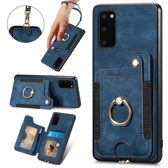 Nalacover For Samsung S20 Case Ring Holder Kickstand with Credit Card Holder, Back Flip Premium Leather Magnetic Clasp Removable Wirst Hand Strap Cover for Samsung Galaxy S20, Blue