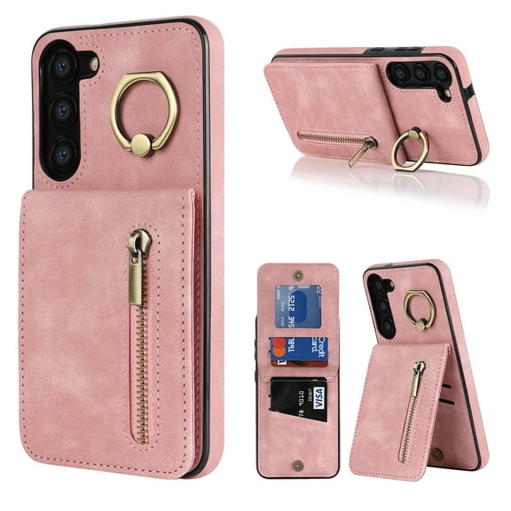 Nalacover for Samsung S20 FE, Wallet with RFID Credit Card Holder and Zipper Pocket,Drop Protection Flip Cover Ring Holder Kickstand with Double Magnetic Clasp for Samsung Galaxy S20 FE, Pink