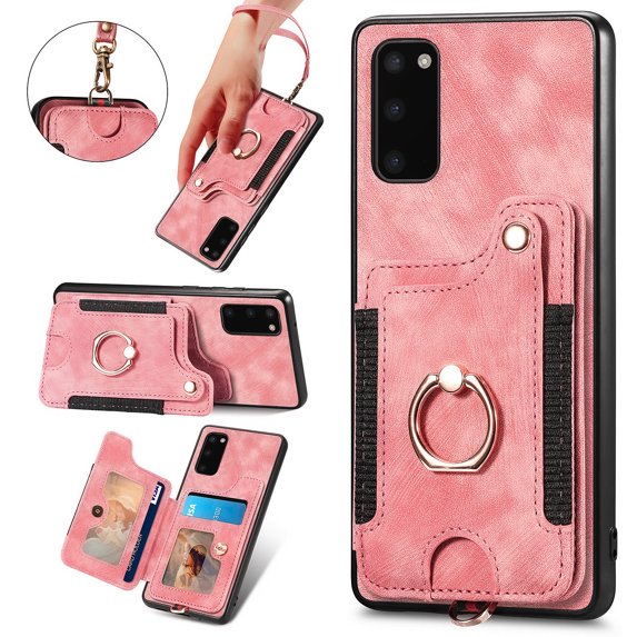 Nalacover For Samsung S20 Plus Case Ring Holder Kickstand with Credit Card Holder, Back Flip Premium Leather Magnetic Clasp Removable Wirst Hand Strap Cover for Samsung Galaxy S20 Plus,red