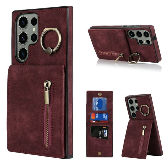 Nalacover for Samsung S20 Ultra, Wallet with RFID Credit Card Holder and Zipper Pocket,Drop Protection Flip Cover Ring Holder Kickstand with Double Magnetic Clasp for Samsung Galaxy S20 Ultra, Winered