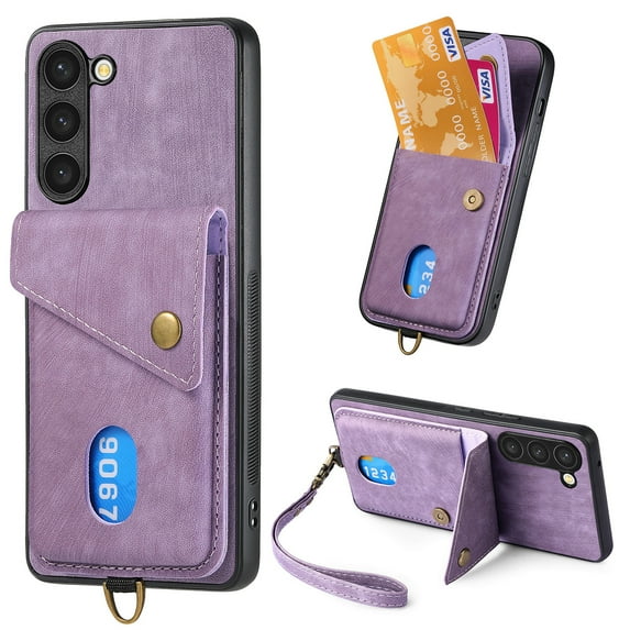 Nalacover for Samsung S21 FE, Slim Case Wallet with Credit Card Holder, Back Flip Premium Leather Magnetic Clasp Kickstand Wirst Hand Strap Shockproof Cover for Samsung Galaxy S21 FE, Purple