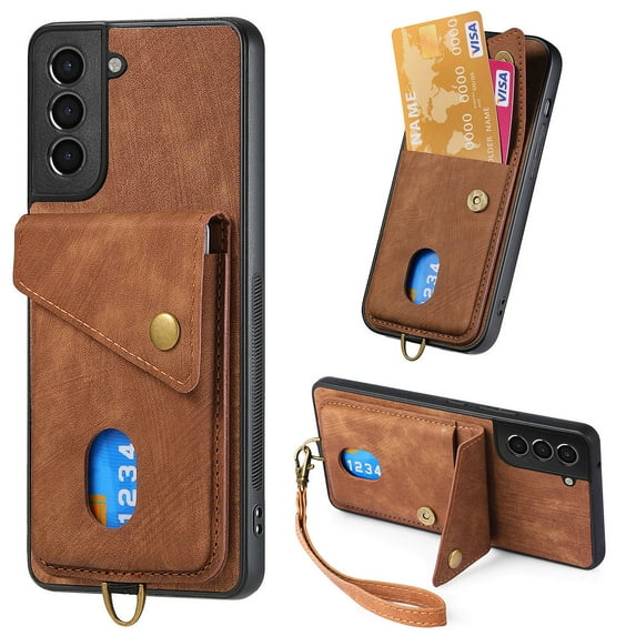 Nalacover for Samsung S21, Slim Case Wallet with Credit Card Holder, Back Flip Premium Leather Magnetic Clasp Kickstand Wirst Hand Strap Shockproof Cover for Samsung Galaxy S21, Brown