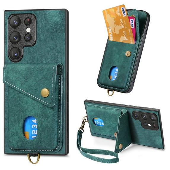 Nalacover for Samsung S21 Ultra, Slim Case Wallet with Credit Card Holder, Back Flip Premium Leather Magnetic Clasp Kickstand Wirst Hand Strap Shockproof Cover for Samsung Galaxy S21 Ultra, Green
