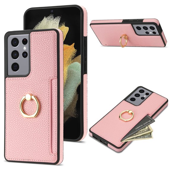 Nalacover for Samsung S21 Ultra Wallet with Card Holder Slot, 360°Rotation Ring Holder Kickstand Cover for Men Women Protective Premium PU Leather Shockproof Cover for Samsung Galaxy S21 Ultra, Pink
