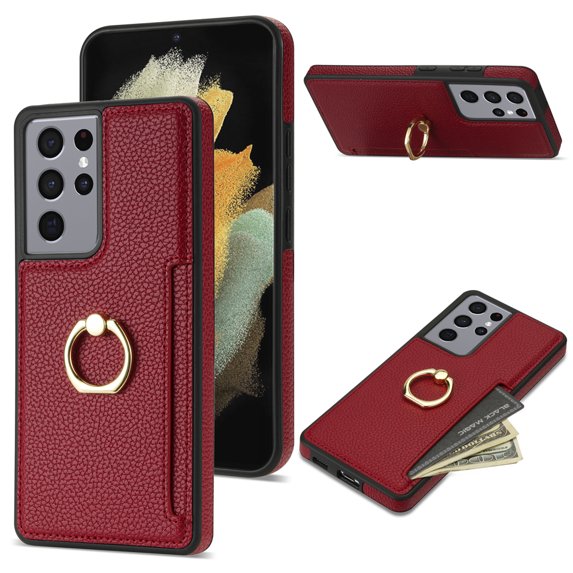 Nalacover for Samsung S21 Ultra Wallet with Card Holder Slot, 360°Rotation Ring Holder Kickstand Cover for Men Women Protective Premium PU Leather Shockproof Cover for Samsung Galaxy S21 Ultra, Red