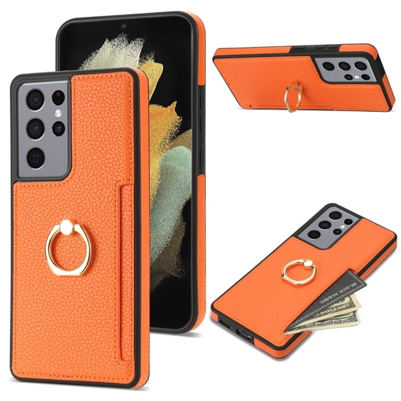 Nalacover for Samsung S21 Ultra Wallet with Card Holder Slot, 360°Rotation Ring Holder Kickstand Cover for Men Women Protective Premium PU Leather Shockproof Cover for Samsung Galaxy S21 Ultra, Orange