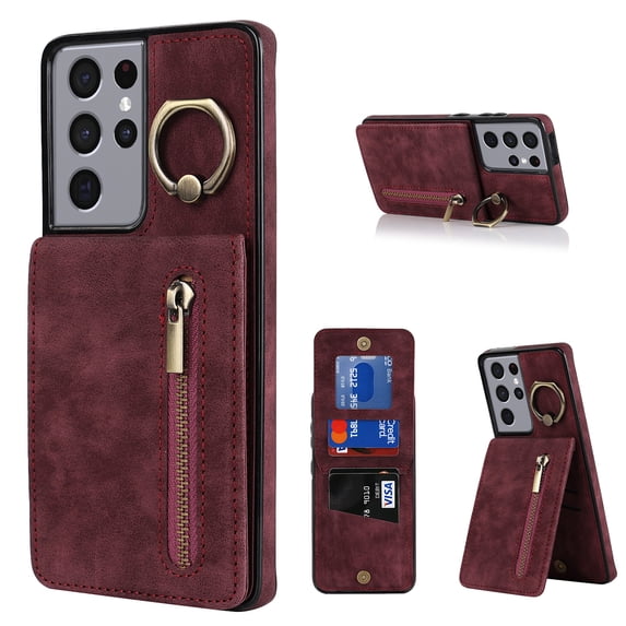 Nalacover for Samsung S21 Ultra, Wallet with RFID Credit Card Holder and Zipper Pocket,Drop Protection Flip Cover Ring Holder Kickstand with Double Magnetic Clasp for Samsung Galaxy S21 Ultra, Winered