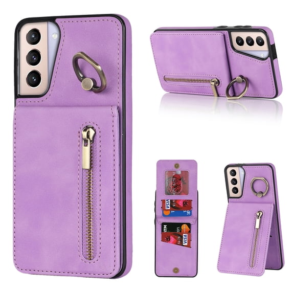 Nalacover for Samsung S21, Wallet with RFID Credit Card Holder and Zipper Pocket,Drop Protection Flip Cover Ring Holder Kickstand with Double Magnetic Clasp for Samsung Galaxy S21, Purple