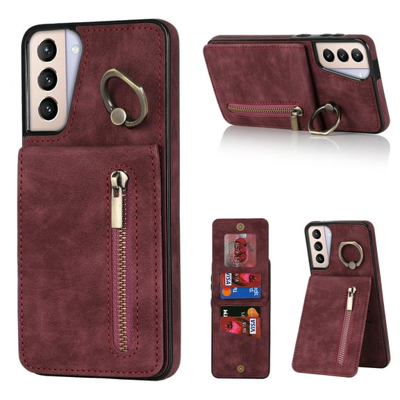 Nalacover for Samsung S21, Wallet with RFID Credit Card Holder and Zipper Pocket,Drop Protection Flip Cover Ring Holder Kickstand with Double Magnetic Clasp for Samsung Galaxy S21, Winered