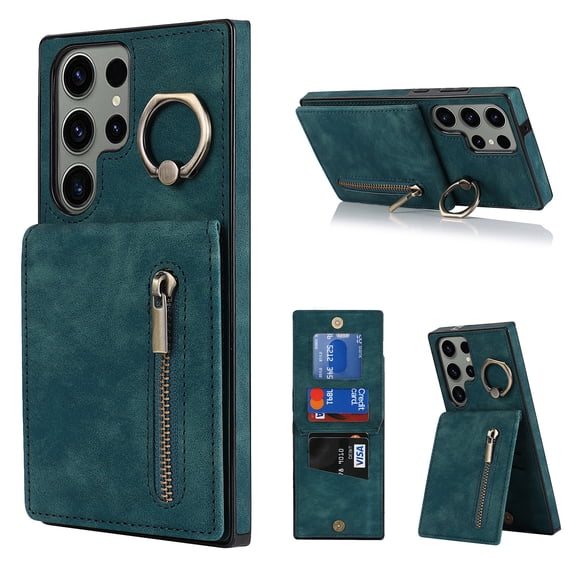 Nalacover for Samsung S22 Ultra, Wallet with RFID Credit Card Holder and Zipper Pocket,Drop Protection Flip Cover Ring Holder Kickstand with Double Magnetic Clasp for Samsung Galaxy S22 Ultra, Blue