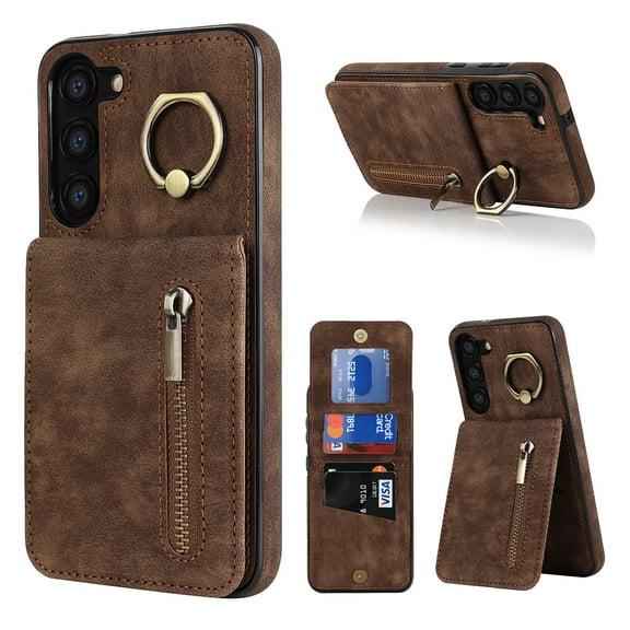 Nalacover for Samsung S23 Plus,Wallet with RFID Credit Card Holder and Zipper Pocket,Drop Protection Flip Cover Ring Holder Kickstand with Double Magnetic Clasp for Samsung Galaxy S23 Plus,Brown