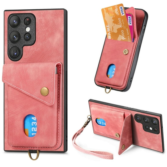 Nalacover for Samsung S23 Ultra, Slim Case Wallet with Credit Card Holder, Back Flip Premium Leather Magnetic Clasp Kickstand Wirst Hand Strap Shockproof Cover for Samsung Galaxy S23 Ultra, Pink