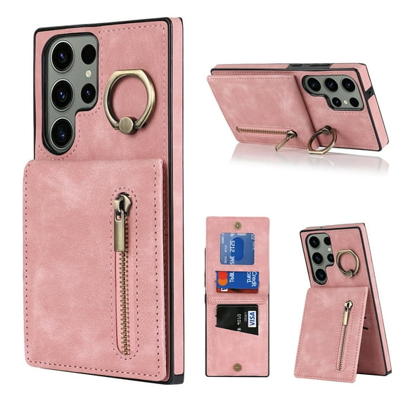 Nalacover for Samsung S23 Ultra, Wallet with RFID Credit Card Holder and Zipper Pocket,Drop Protection Flip Cover Ring Holder Kickstand with Double Magnetic Clasp for Samsung Galaxy S23 Ultra, Pink