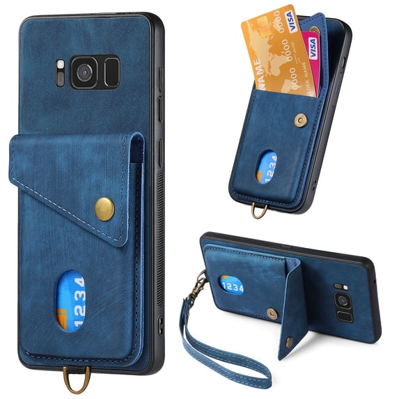 Nalacover for Samsung S8 Plus, Slim Case Wallet with Credit Card Holder, Back Flip Premium Leather Magnetic Clasp Kickstand Wirst Hand Strap Shockproof Cover for Samsung Galaxy S8 Plus,blue
