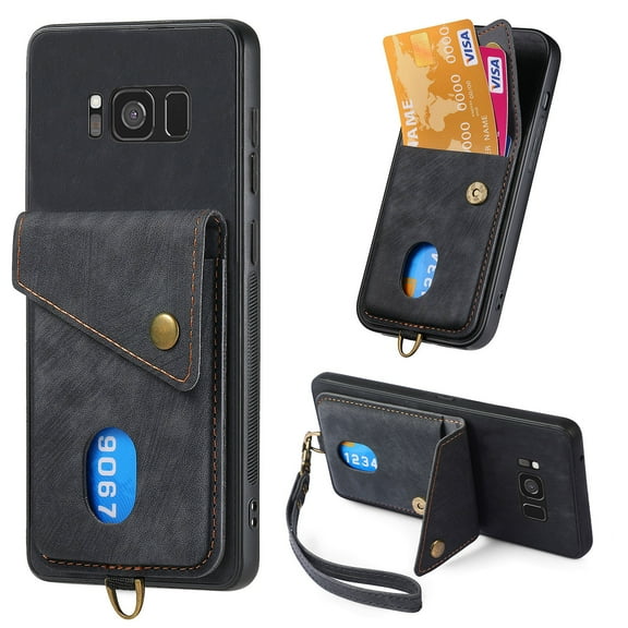 Nalacover for Samsung S8, Slim Case Wallet with Credit Card Holder, Back Flip Premium Leather Magnetic Clasp Kickstand Wirst Hand Strap Shockproof Cover for Samsung Galaxy S8, Black