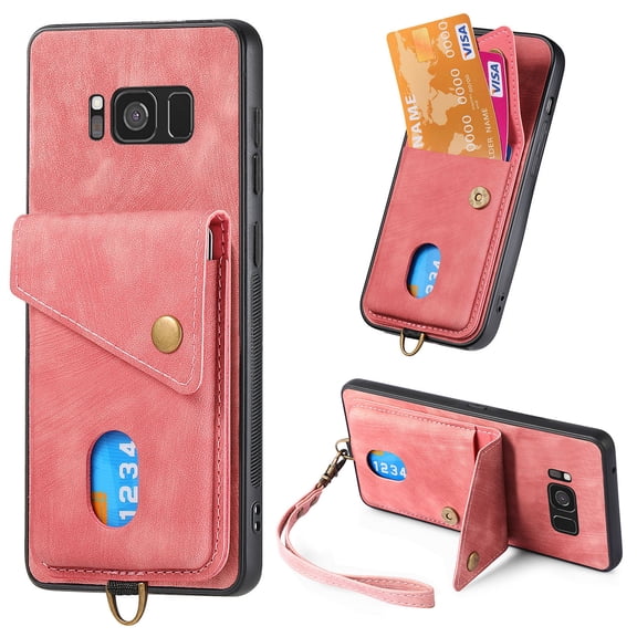 Nalacover for Samsung S8, Slim Case Wallet with Credit Card Holder, Back Flip Premium Leather Magnetic Clasp Kickstand Wirst Hand Strap Shockproof Cover for Samsung Galaxy S8, Pink