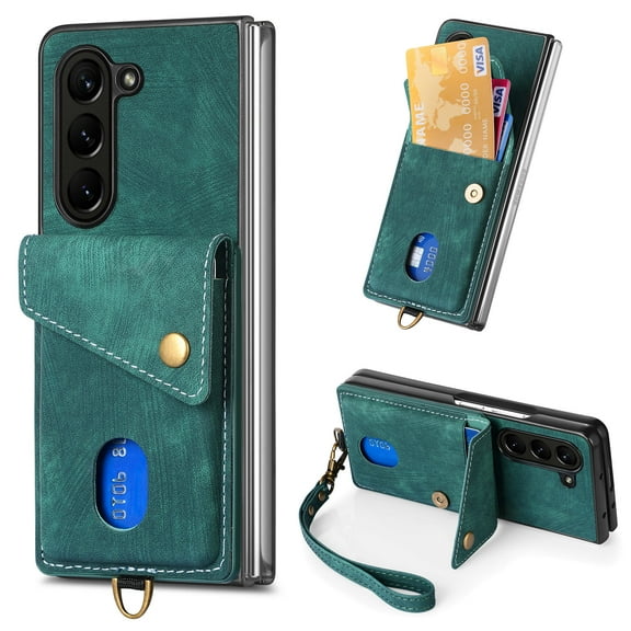 Nalacover for Samsung Z Fold 5, Slim Case Wallet with Credit Card Holder, Back Flip Premium Leather Magnetic Clasp Kickstand Wirst Hand Strap Shockproof Cover for Samsung Galaxy Z Fold 5, Green