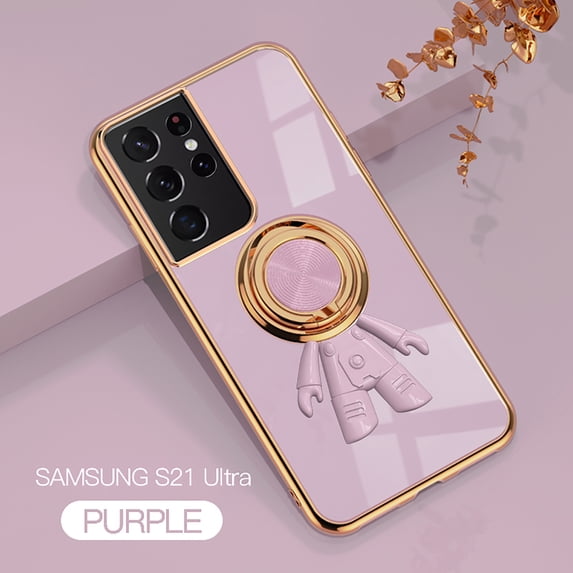 Nalacover Slim Case for Samsung Galaxy S21 Ultra,Cute Cartoon 6D Plating Astronaut Hidden Magnetic Ring Kickstand Soft TPU Shockproof Corner Protection Drop Proof Edge Bumper Cover.Purple