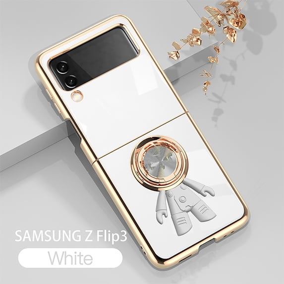 Nalacover Slim Case for Samsung Galaxy Z Flip 3 5G,Cute Cartoon 6D Plating Astronaut Hidden Magnetic Ring Kickstand Soft TPU Shockproof Corner Protection Drop Proof Edge Bumper Cover.White