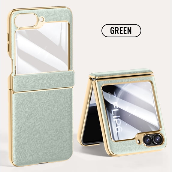 Nalacover Slim Case for Samsung Galaxy Z Flip 6 with Electroplated Hinge Protection Front Screen Film Cover, Plain PU Leather Shockpproof Anti-Scratches Case for Galaxy Z Flip 6,Green