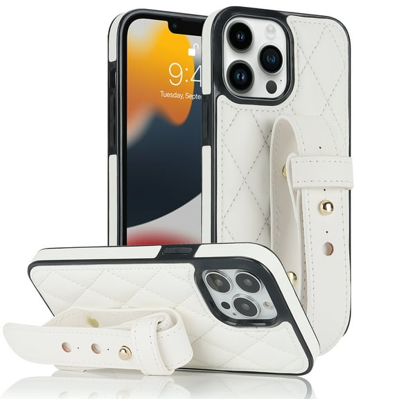Nalacover Slim Case for iPhone 12, Adjustable Wristband Hand Strap Three Gears Kickstand Cover, Premium PU Leather Shockproof Non-Slip Case for iPhone 12, White