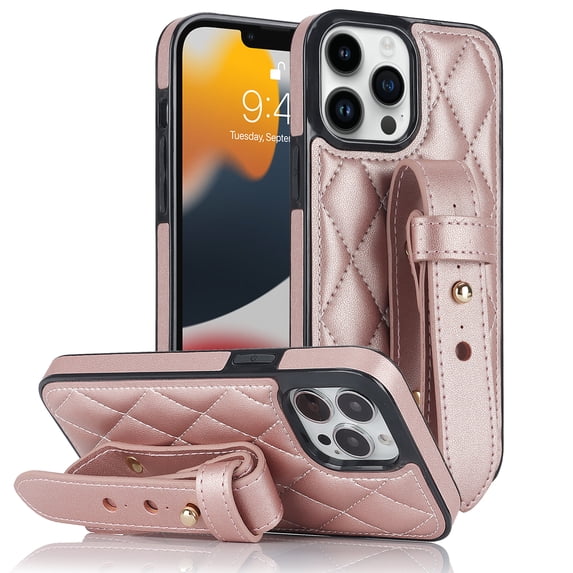 Nalacover Slim Case for iPhone 12 Pro Max, Adjustable Wristband Hand Strap Three Gears Kickstand Cover, Premium PU Leather + TPU Shockproof Non-Slip Case for iPhone 12 Pro Max,Rosegold