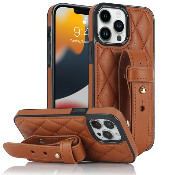 Nalacover Slim Case for iPhone 14, Adjustable Wristband Hand Strap Three Gears Kickstand Cover, Premium PU Leather Shockproof Non-Slip Case for iPhone 14, Brown