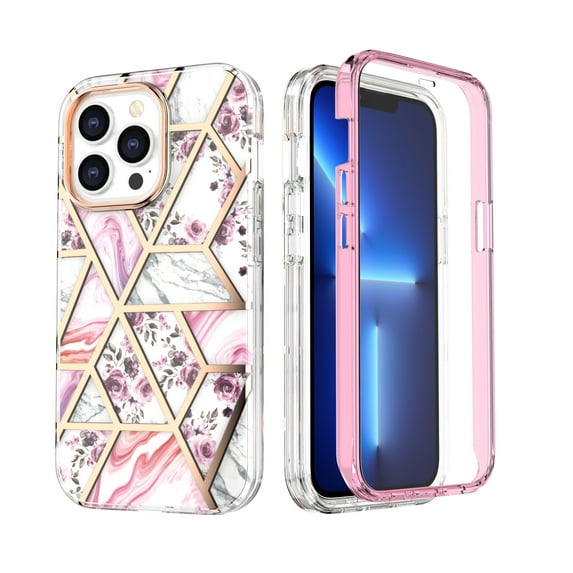 Nalacover Slim Case for iPhone 14 Pro, Marble Pattern Electroplated Rugged PC + TPU Hybrid Shockproof Cover with Screen Protector Anti-Scratches Non-Yellowing Case for iPhone 14 Pro,Flower