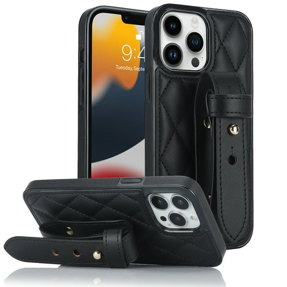 Nalacover Slim Case for iPhone 15, Adjustable Wristband Hand Strap Three Gears Kickstand Cover, Premium PU Leather Shockproof Non-Slip Case for iPhone 15, Black