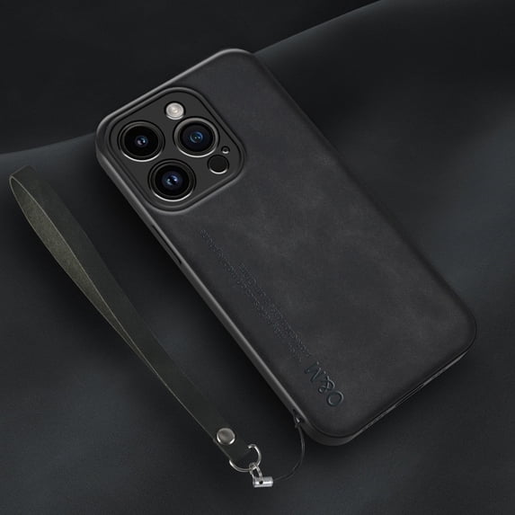 Nalacover Slim Case for iPhone 15, Business Skin-Friendly PU Leather TPU Shockproof Cover with Wrist Hand Strap Magnetic Support Car Mount Lens Protection Case, Black