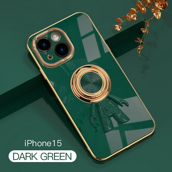Nalacover Slim Case for iPhone 15,Cute Cartoon 6D Plating Astronaut Hidden Magnetic Ring Kickstand Soft TPU Shockproof Corner Protection Drop Proof Edge Bumper Cover For iPhone 15,Darkgreen