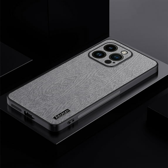 Nalacover Slim Case for iPhone 15 Pro Max, Luxury Bark Pattern PU Leather + TPU Hybrid Shockproof Anti-Scratches Cover with Lens Protection Non-Slip Case for iPhone 15 Pro Max, Gray