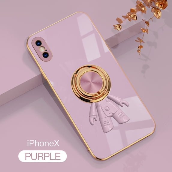 Nalacover Slim Case for iPhone XS/X 5.8 inch,Cute Cartoon 6D Plating Astronaut Hidden Magnetic Ring Kickstand Soft TPU Shockproof Corner Protection Drop Proof Edge Bumper Cover.Purple
