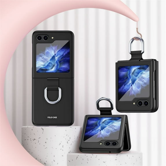 Nalacover Slim Folding Case for Samsung Galaxy Z Flip5, Ribbon Drawstring Cover with Metal Ring, Smooth Rugged PC Shockproof Lens Protection Case for Samsung Galaxy Z Flip5, Black