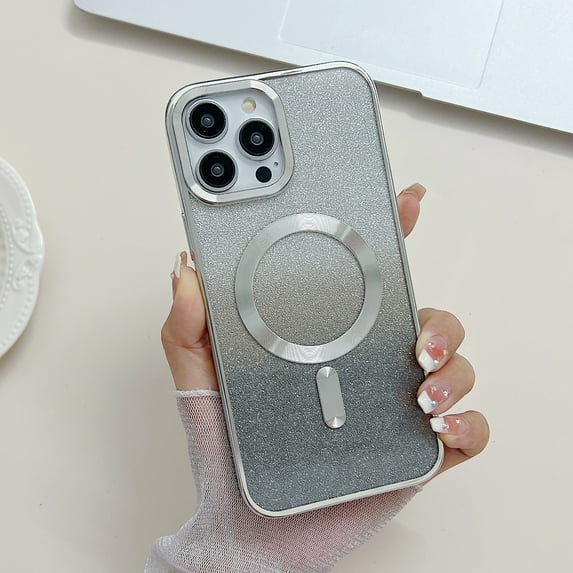 Nalacover Slim Gradient Case for iPhone 15 Pro Max, Glitter Magnetic Case Compatible with Wireless Charging MagSafe, Transparent Rugged PC Shockproof Phone Cover for Women Girls, Silver