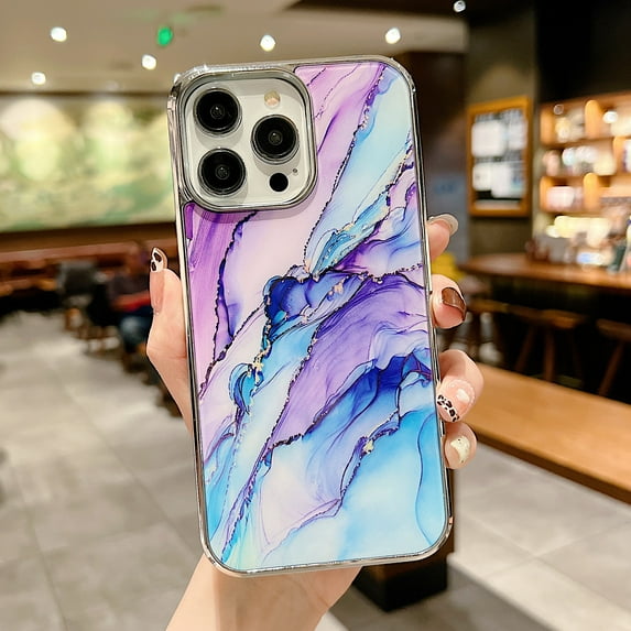 Nalacover Slim Marble Case for iPhone 15 Pro Max, Marble Pattern Shiny Electroplated Plating Silver Frame Cover, Rugged PC + TPU Shockproof Non-Slip Phone Case for iPhone 15 Pro Max, Pattern-E