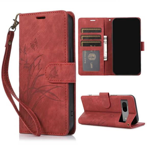 Nalacover Slim Wallet Case for Google Pixel 7, for Women Men, Embossed Pattern PU Leather Shockproof Magnetic Clasp Credit Card Slots Flip Kickstand Phone Case+Wrist Strap,Red