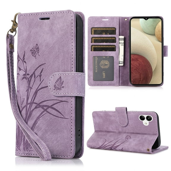 Nalacover Slim Wallet Case for Samsung Galaxy A04E, for Women Men, Embossed Pattern PU Leather Shockproof Magnetic Clasp Credit Card Slots Flip Kickstand Phone Case+Wrist Strap,Purple